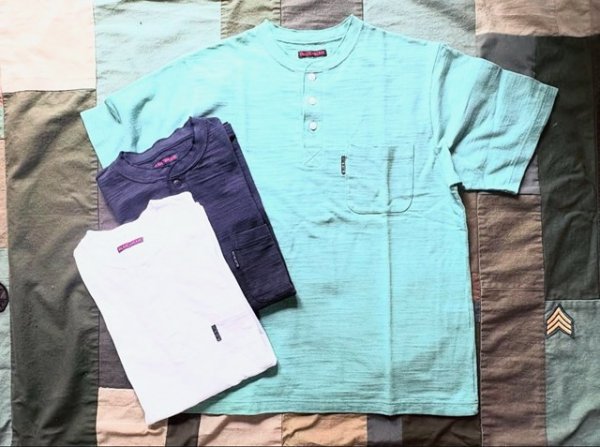 画像1: BLUE BLUE  ヘビースラブテンジク ヘンリーネックポケットＴシャツ (1)